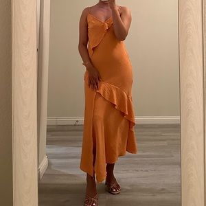 Orange ruffled MIDI DRESS with a slit from Dry Goods